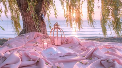 A pastel pink blanket spread under a willow tree, featuring a romance novel and a rose gold candle lantern. In the background, the sea glimmers under the pink hues of the setting sun.