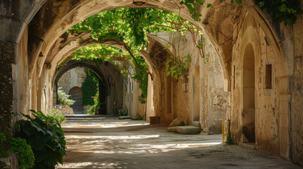 A series of old stone archways with vines growing over them in a historical setting.