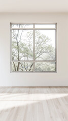Fototapeta premium Large window in an empty luxury apartment room with no furniture and copy space. Residential interiors design composition mockup image. 28