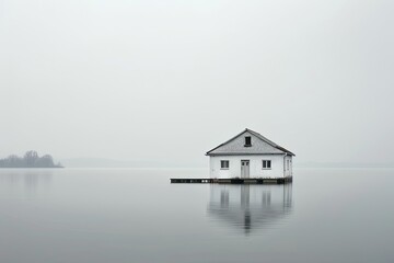 Obraz premium A Small White House on a Foggy Lake
