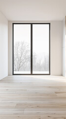 Obraz premium Large window in an empty luxury apartment room with no furniture and copy space. Residential interiors design composition mockup image. 28