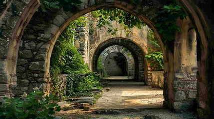 A series of old stone archways with vines growing over them in a historical setting.