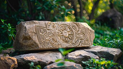 World indigenous Day Indigenous Languages Ancient Patterns Ancient patterns carved into stone, surrounded by nature