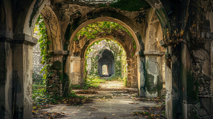 Fototapeta premium A series of old stone archways with vines growing over them in a historical setting.