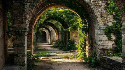 Fototapeta premium A series of old stone archways with vines growing over them in a historical setting.
