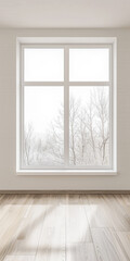 Fototapeta premium Large window in an empty luxury apartment room with no furniture and copy space. Residential interiors design composition mockup image. 28
