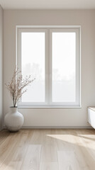 Fototapeta premium Large window in an empty luxury apartment room with no furniture and copy space. Residential interiors design composition mockup image. 28