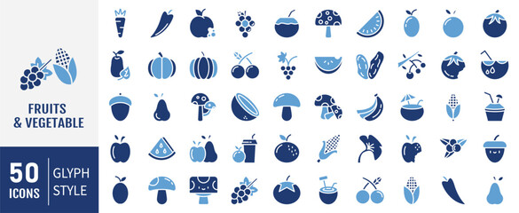 Fruits and vegetables glyph icons collection. Glyph icons pack. Vector illustration 