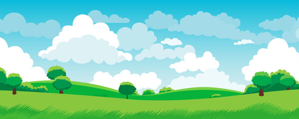 Obraz premium Summer field landscape. Beautiful vector illustration of a landscape, green fields and meadows, hills with trees, bushes and clouds on a sunny day. Panoramic landscape for design in flat style. 