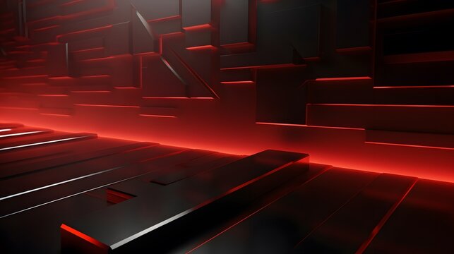 3d rendering of red and black abstract geometric background. Scene for advertising, technology, showcase, banner, game, sport, cosmetic, business, metaverse. Sci-Fi Illustration. Product display
