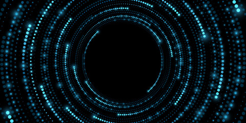 Digital circles of glowing dots on black background. Big Data visualization into cyberspace. Neural network analyzes information. Vector illustration. EPS 10