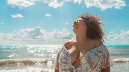 Obraz premium A radiant plus-size woman in colorful beachwear enjoying a sunny day at the beach. Her confident smile and natural beauty shine against the backdrop of the ocean waves and a bright blue sky