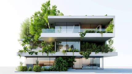 A modern house design covered in lush greenery. The house features large glass windows, with plants and vines cascading down the facade and covering the balcony.