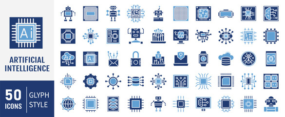 artificial intelligence icon set. machine learning, smart robotic and cloud computing network digital AI technology: internet, solving, algorithm. Vector illustration