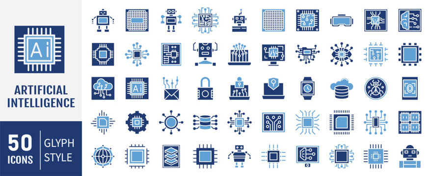 artificial intelligence icon set. machine learning, smart robotic and cloud computing network digital AI technology: internet, solving, algorithm. Vector illustration