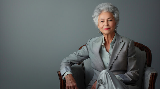 The image depicts a sophisticated senior lady, elegantly dressed in a tailored suit. 