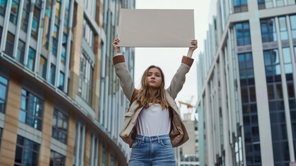 A young activist woman holding a blank signboard above her head while standing in a modern urban environment.