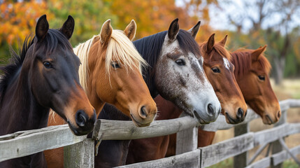 Naklejka premium Five horses are standing next to a wooden fence, Animal photography