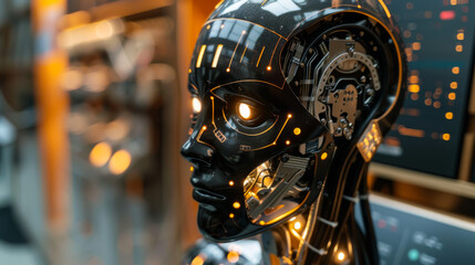 Obraz premium An abstract robotic man with dark skin and glowing golden eyes surveys this world outdoors.