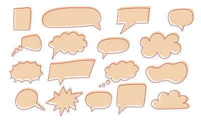 Set hand drawn colorful doodle frames. Collection various empty textboxes. Different shapes of speech bubbles.