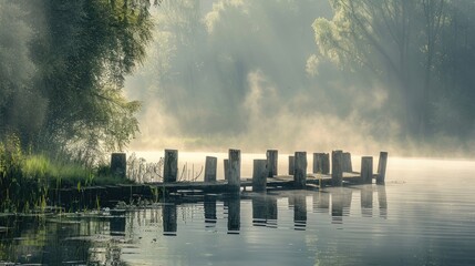Obraz premium Vertical pillars remaining in river at morning mist in summer once a boat pier