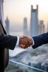 A handshake between successful businessmen marks an agreement in a corporate office setting.