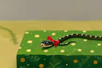 A snake with a red bow on its tail is sitting on a green box