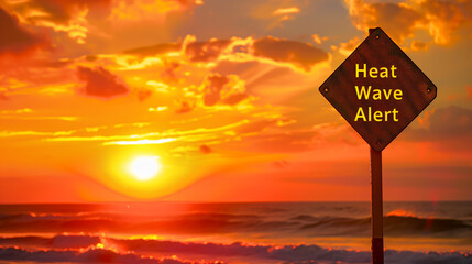 Summer city heatwave weather concept with signboard with text heat wave alert