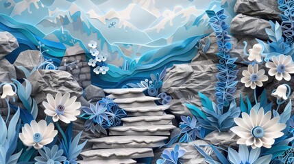 A rustic paper quilling scene of a mountain retreat with a rugged stairway and surrounding alpine flowers like edelweiss and bellflowers, crafted in cool shades of blue and white.