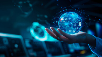 A hand holding an AI sphere with digital icons and data flowing through it, Set against the backdrop of office equipment.