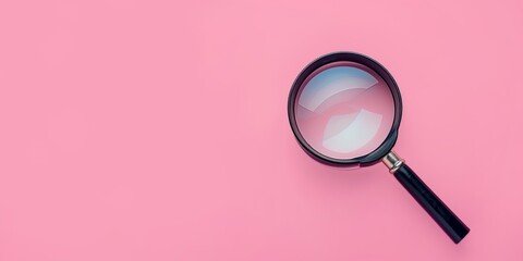 A magnifying glass is on a pink background