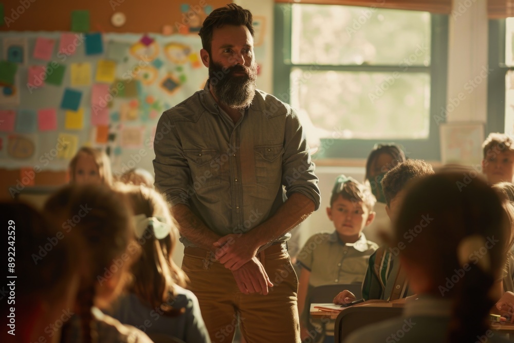 Aufkleber A teacher stands at the front of a classroom filled with students, preparing to teach