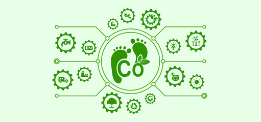 CO2 related vector includes icons such as greenhouse gas emission level, eco-friendly production, earth etc. with green icons.