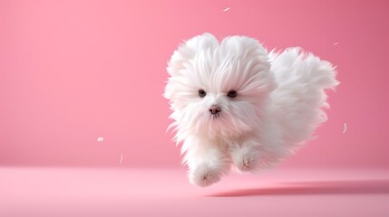 Adorable Fluffy Maltese Puppy Jumping on Pink Background