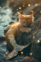 Obraz premium A kitten is sleeping on a rock with a mermaid tail
