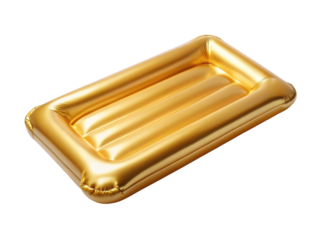 Rectangular Gold Inflatable Pool Float. A stylish and comfortable float perfect for pool or beach lounging. Isolated on transparent background, png.