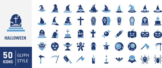 Halloween icon set. Halloween, Pumpkin, Vampire, Cemetery, Skull, Ghost, Potion, Spider, Zombie Hand. Vector illustration
