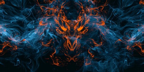 Fototapeta premium The fiery and smoky, abstract creature emerges in the darkness, a mystic, digital artwork concept