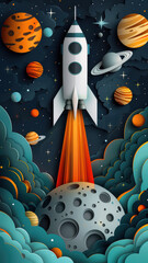 Paper Cut Style Rocket and Planets Illustration