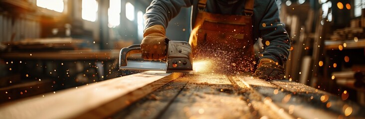 Wooden beam being cut in the style of a circular saw with focus on the sparks flying around