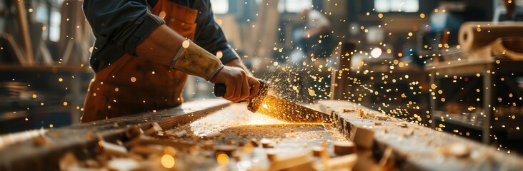 Wooden beam being cut in the style of a circular saw with focus on the sparks flying around