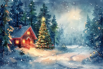 Fototapeta premium A Christmas scene with a house and a tree