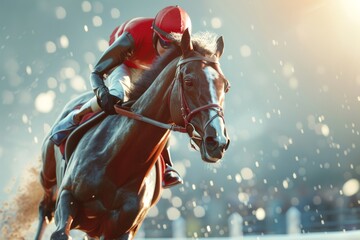 Female jockey riding a thoroughbred horse during a race. Concept of woman athlete, equestrian sport, horse racing, competition