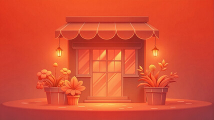 Obraz premium Illustration of a charming store in the evening, wrapped in warm orange hues, the store has a central door, large windows, an elegant striped awning and is decorated with potted plants