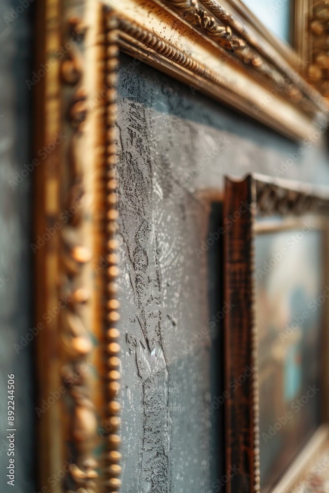 Poster A close-up of a gold frame on a wall, ideal for use in designs or as a decorative element