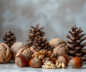 Natural arrangement of pine cones walnuts and acorns on a textured surface Concept of autumn nature rustic decoration fall harvest. Copy space