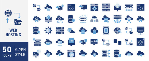 Web Hosting icons set. Web hosting, server, data center, cloud hosting, domain, ftp, internet, database and firewall.