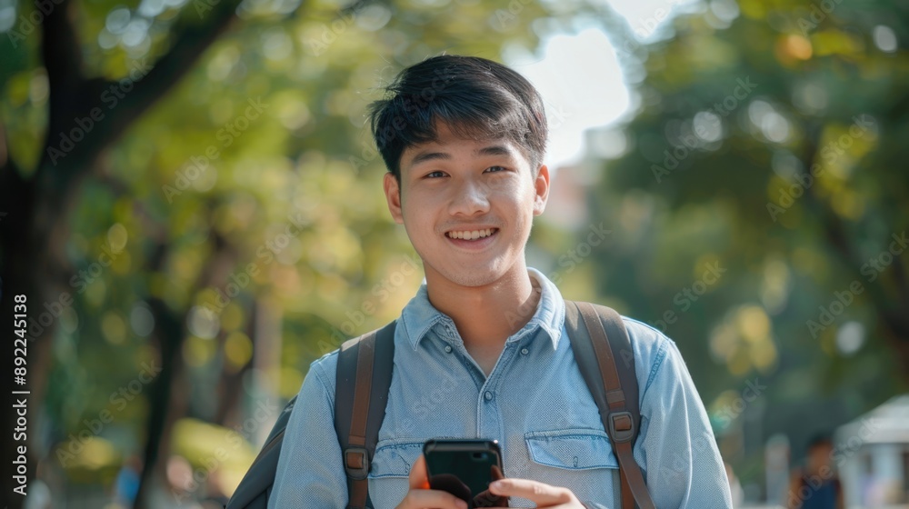 Poster a young man holds a cell phone in his hands, possibly checking messages or using apps