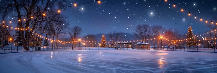 A snowy landscape with a Christmas tree in the foreground