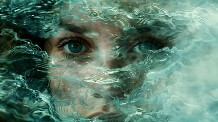 Enigmatic Underwater Surreal Portrait with Shimmering Layers and Muted Color Palette